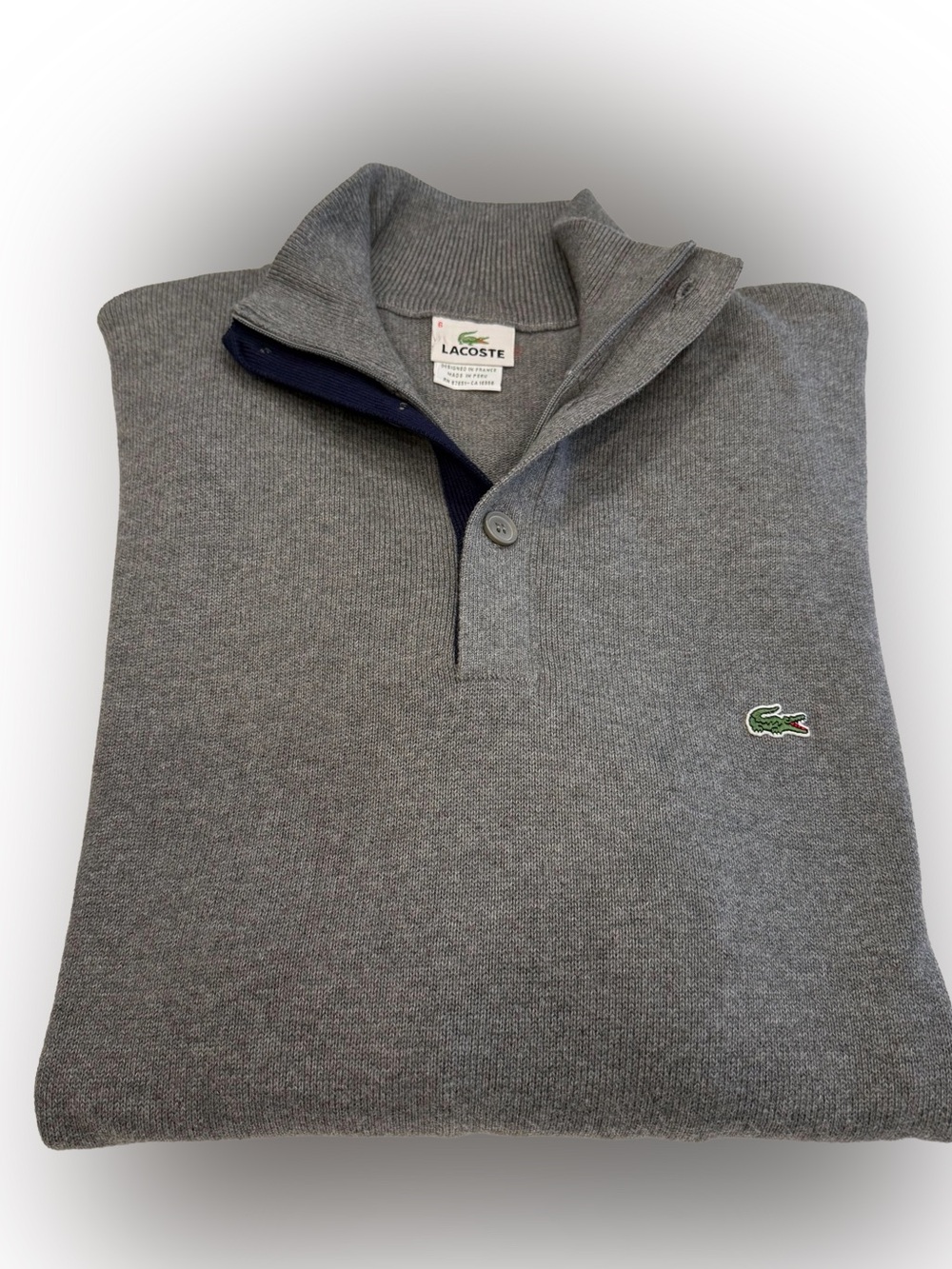 Lacoste Men’s 1/4 Button Sweater Cotton Gray W/ Navy Accent Sz XL (6) NWOT